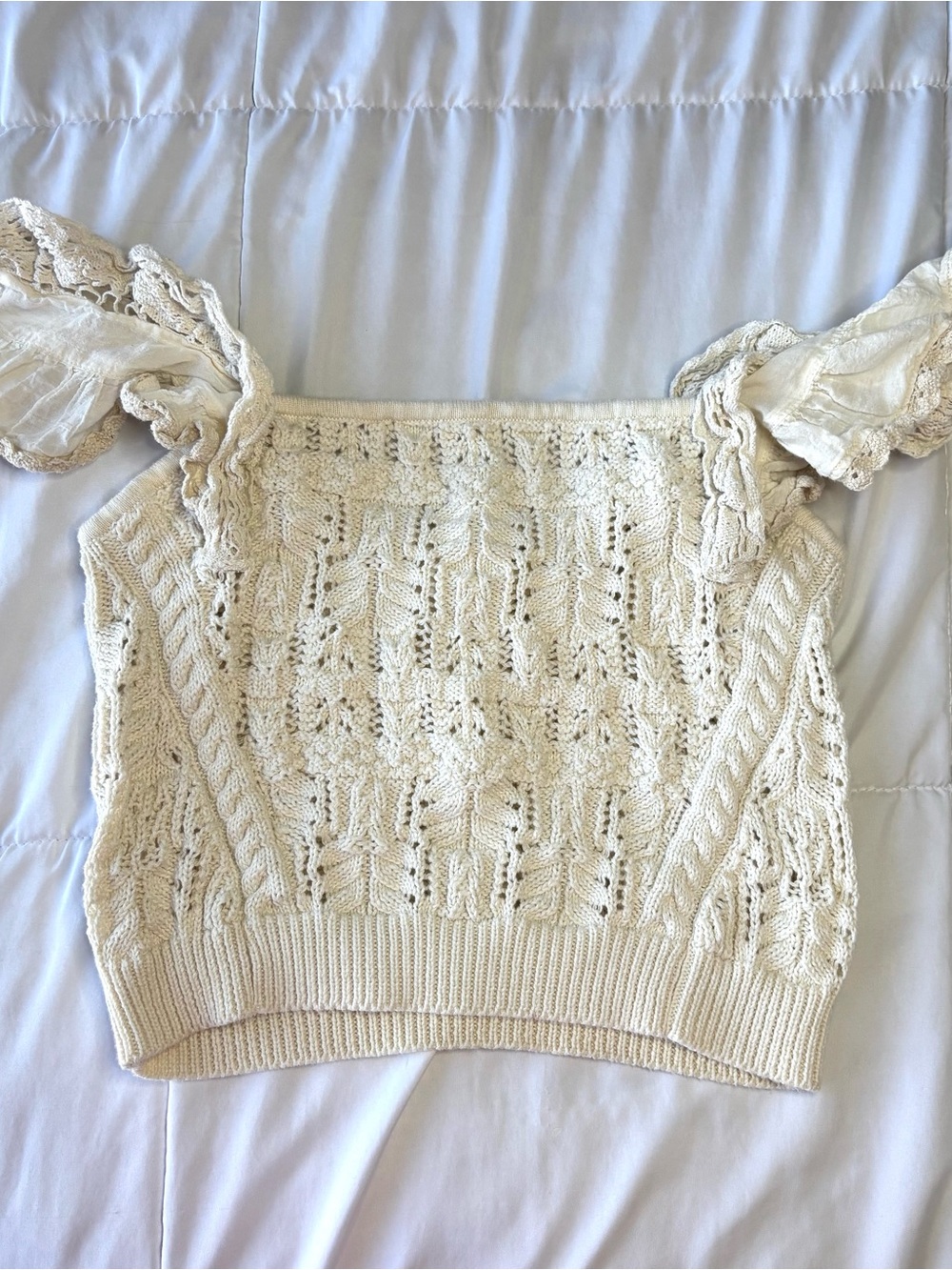 Anthropologie Cream Off-the-Shoulder Lace-Trim Knit Sweater